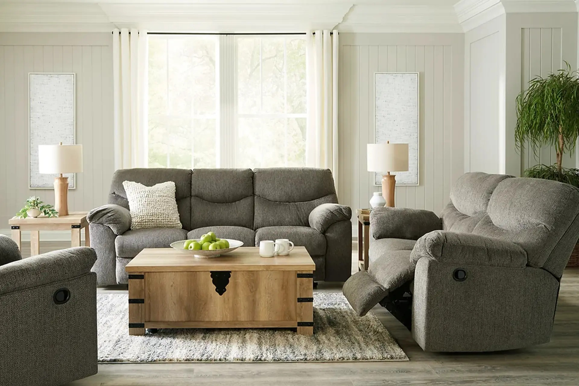 Alphons Putty Reclining Sofa, Love, and Recliner.