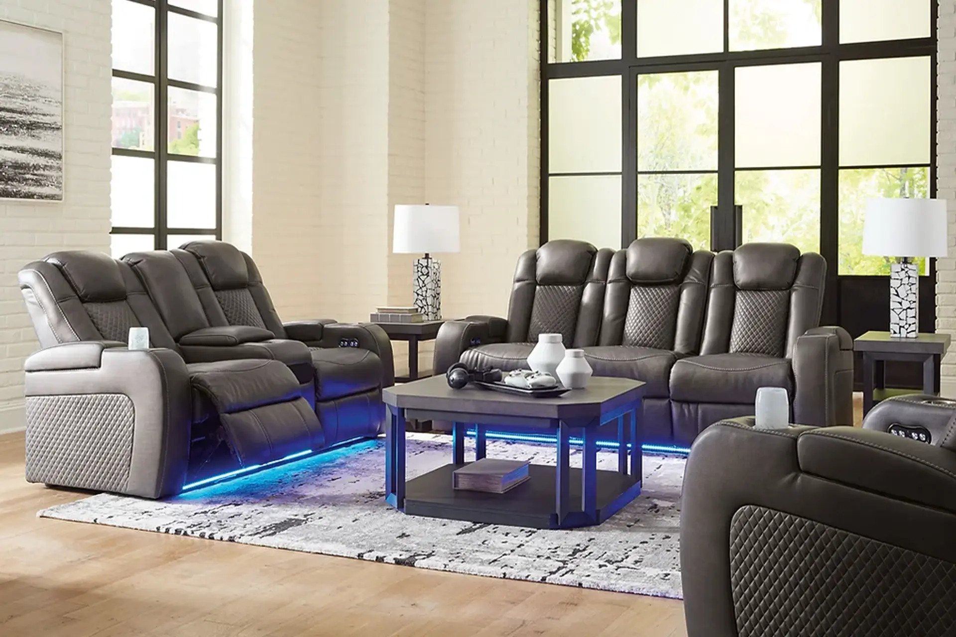 Fyne Dyme Shadow Power Reclining Sofa, Love, and Recliner.