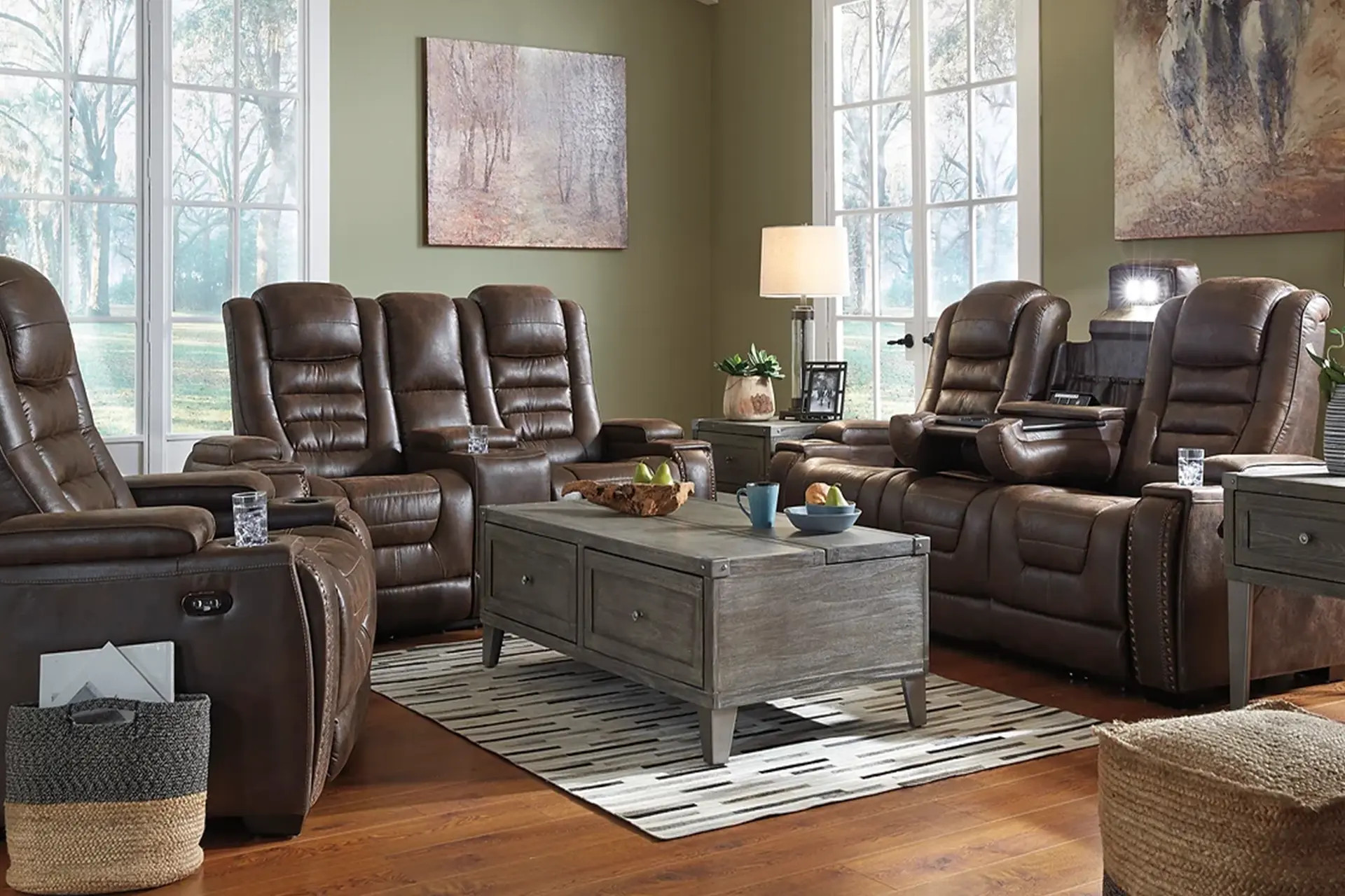 Game Zone Bark Power Reclining Sofa, Love, and Recliner.