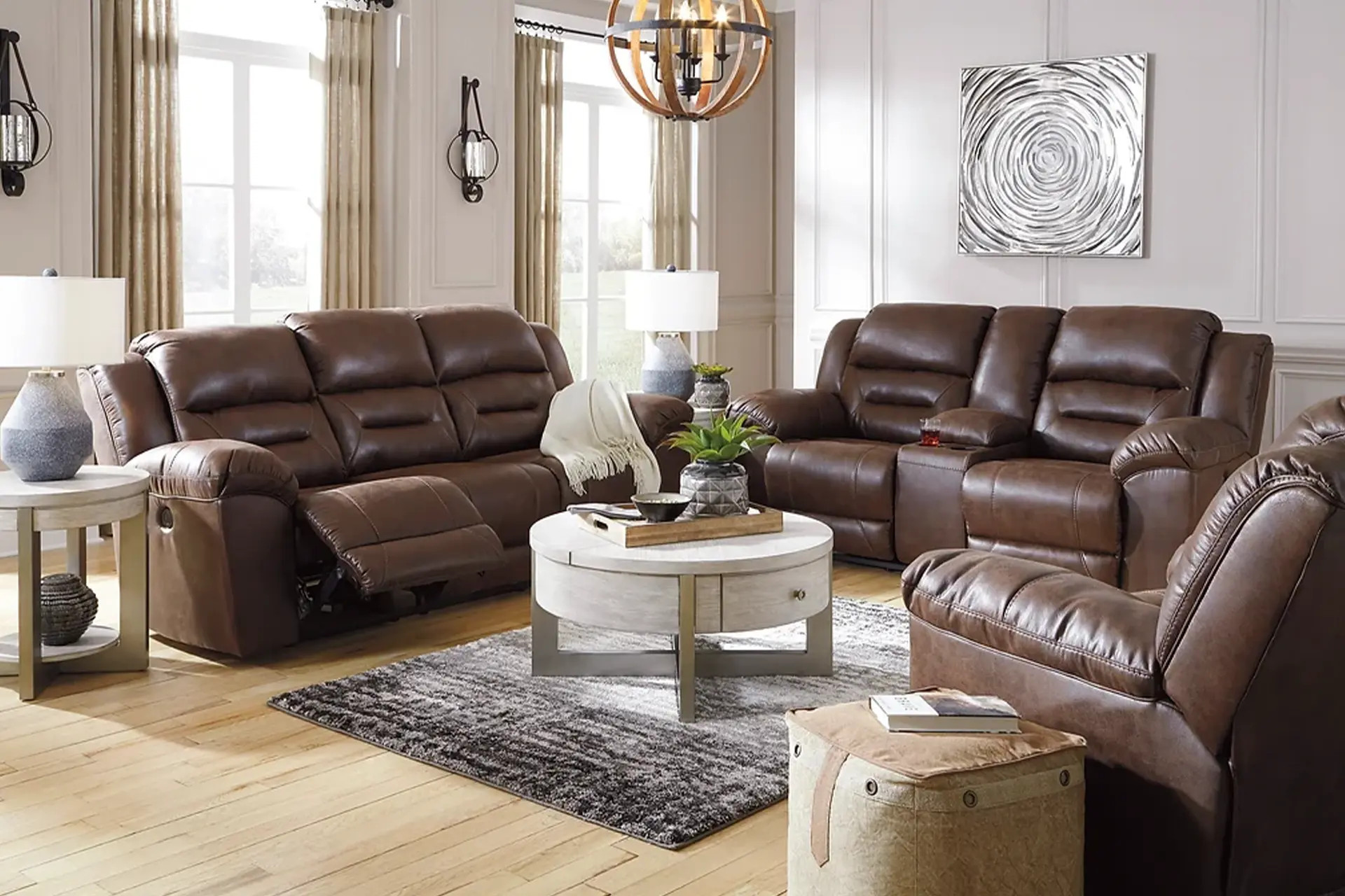 Stoneland Chocolate Reclining Sofa, Love, and Recliner.