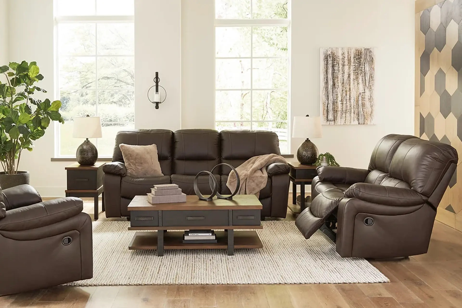 Leesworth Dark Brown Power Reclining Sofa, Love, and Recliner.