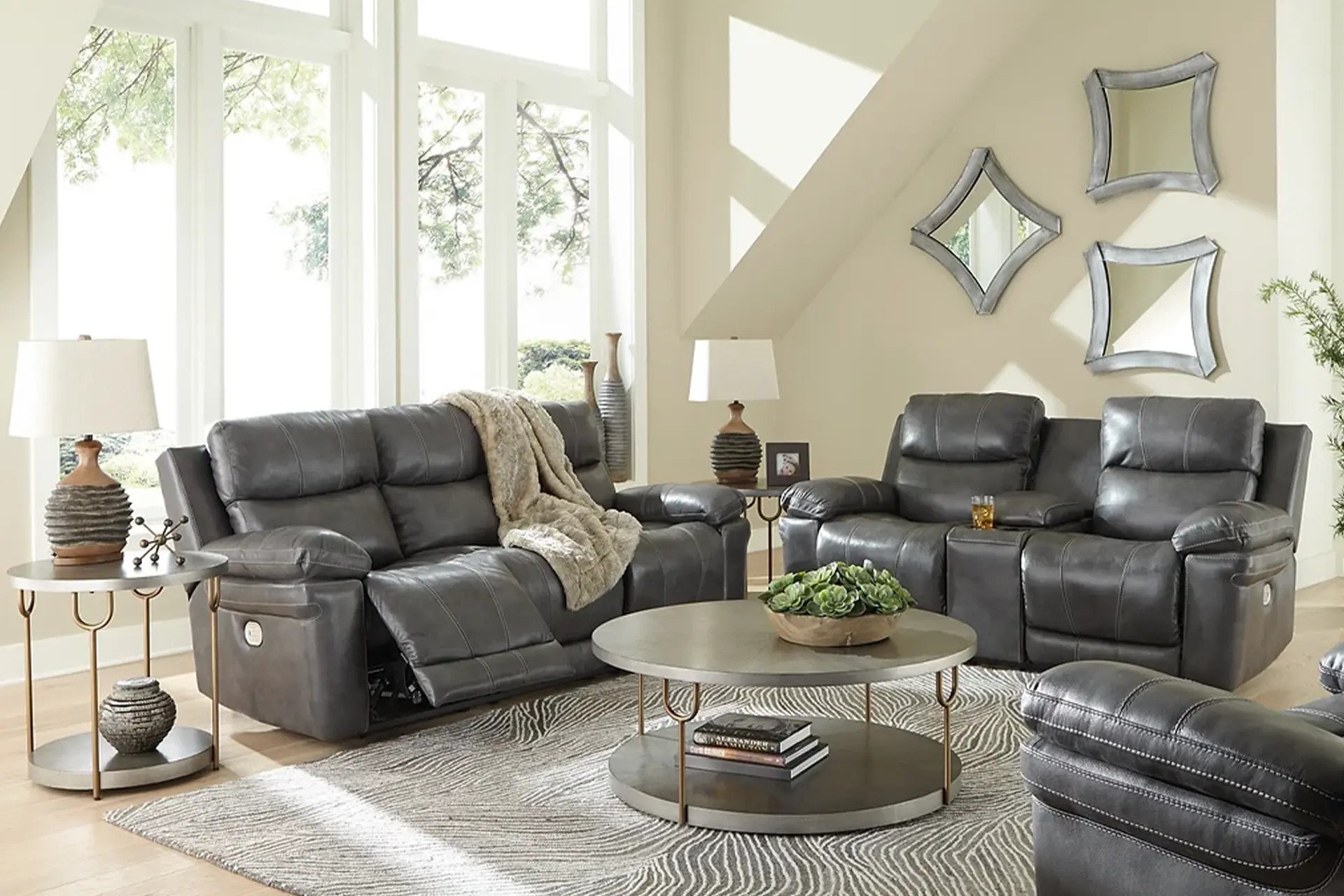 Edmar Charcoal Power Reclining Sofa, Love, and Recliner.