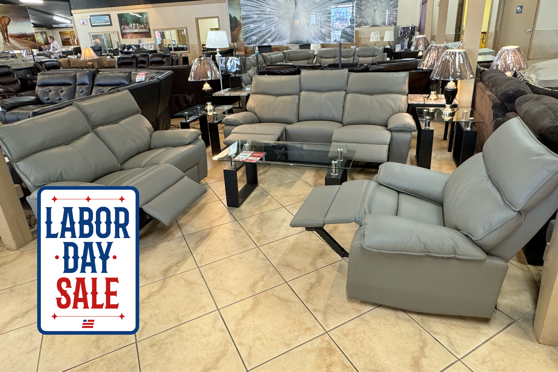 Elements 15630 Grey LEATHER Reclining Sofa, Love, and Recliner.