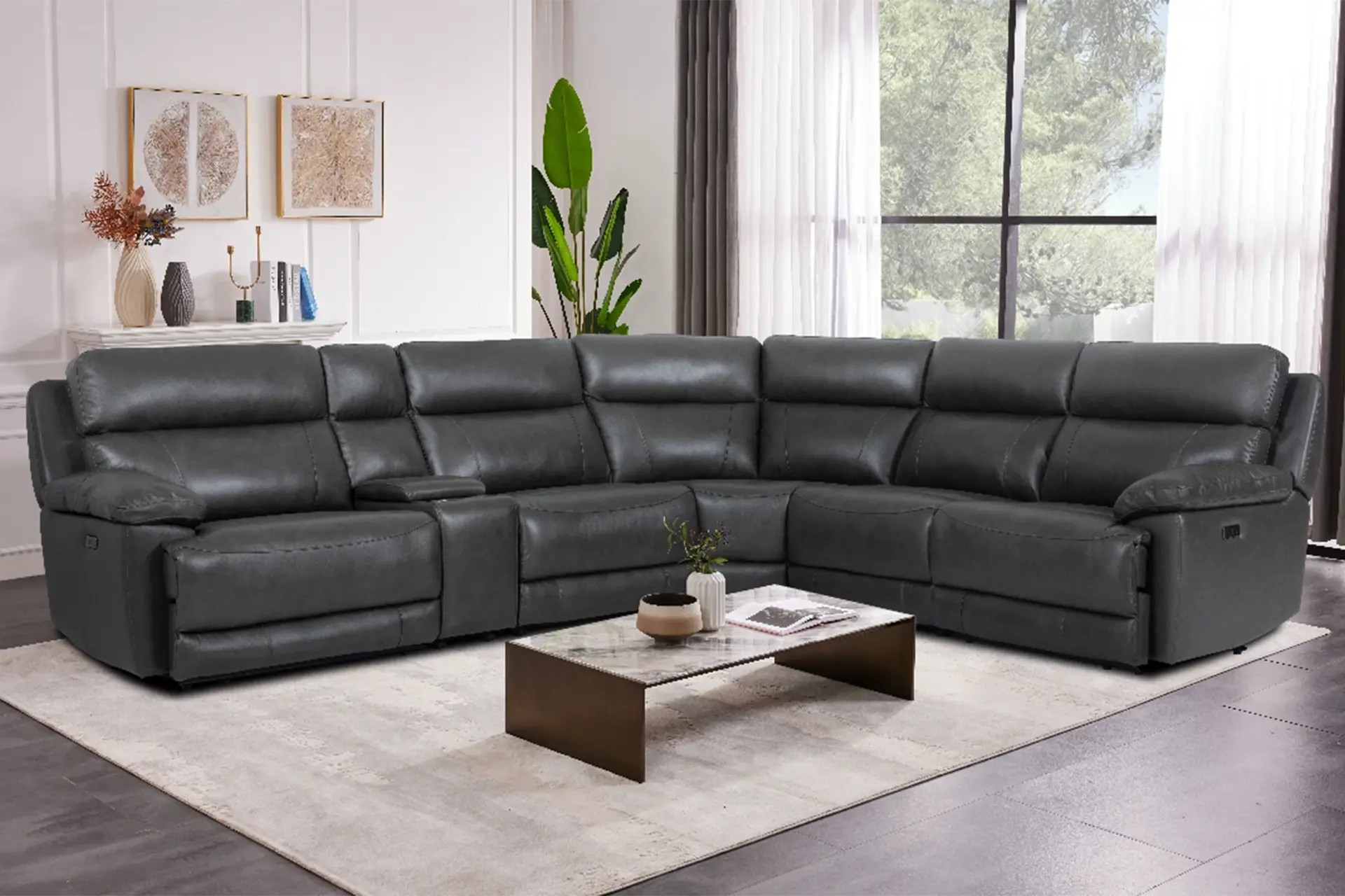 Man Wah 70696 Granite Leather 6-Piece Power Reclining Sectional.
