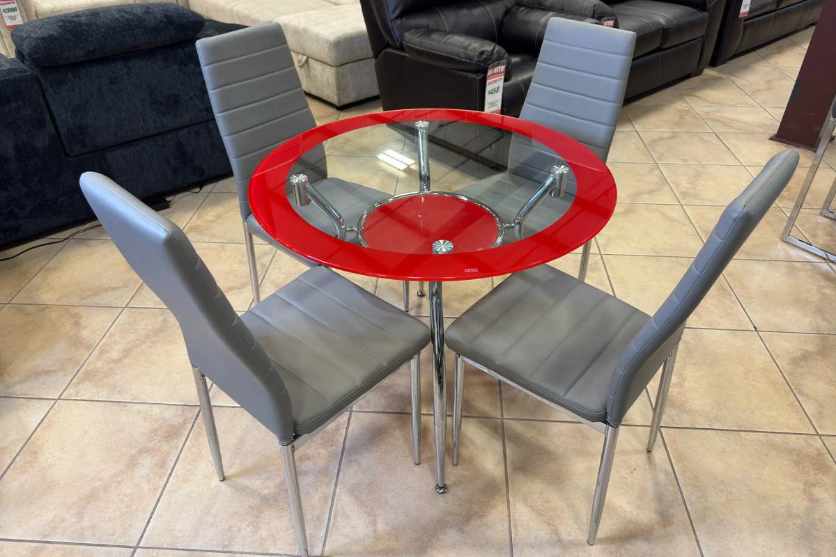 Cramco ML098 Delphi Red Table and Gray Chairs.