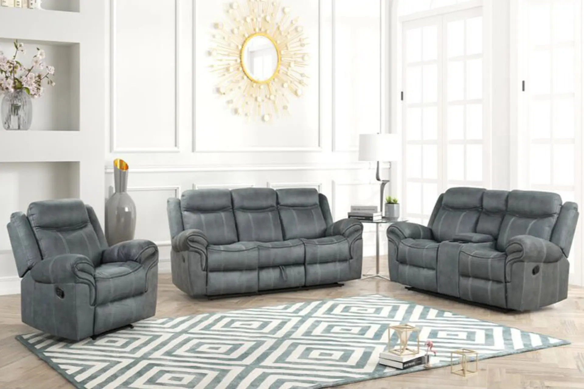 Happy Homes Andres Grey Reclining Sofa, Love, and Recliner.