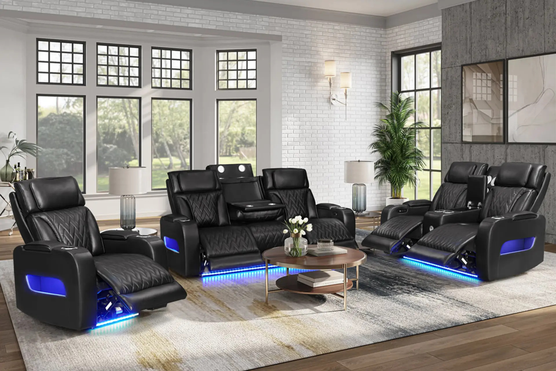 Happy Homes Dubai Black Reclining Sofa, Love, and Recliner.