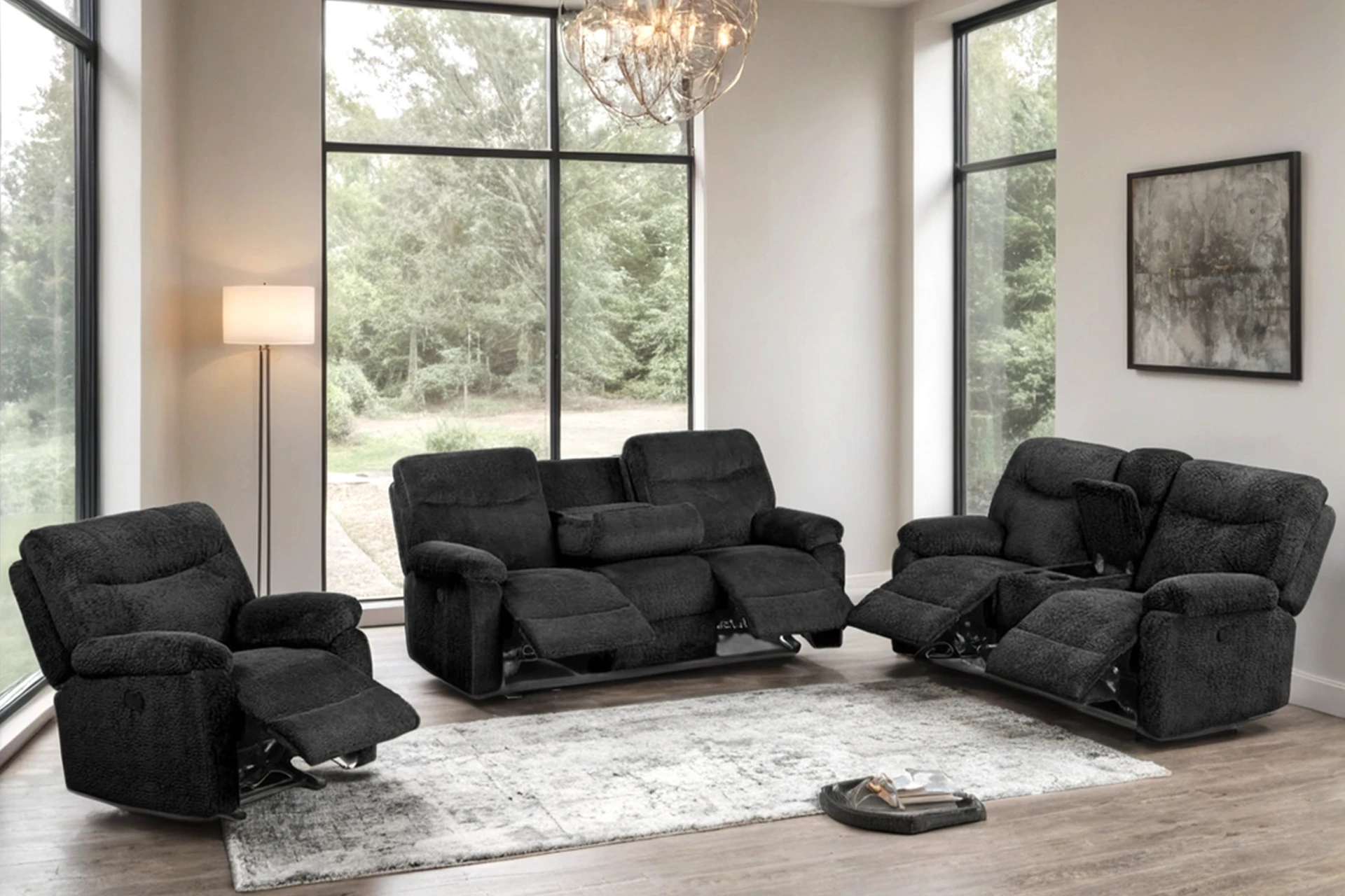 Happy Homes Bravo 22 Black Sofa, Love, and Recliner.