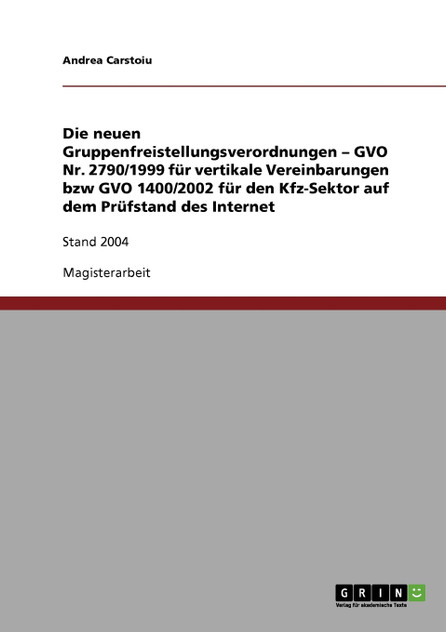 Die neuen Gruppenfreistellungsverordnungen - GVO Nr. 2790/1999 für vertikale Vereinbarungen bzw GVO 1400/2002 für den Kfz-Sektor auf dem Prüfstand des Internet Die neuen Gruppenfreistellungsverordnungen - GVO Nr. 2790/1999 für vertikale Vereinbarungen bzw GVO 1400/2002 für den Kfz-Sektor auf dem Prüfstand des Internet