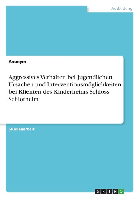 Aggressives Verhalten bei Jugendlichen. Ursachen und Interventionsmöglichkeiten bei Klienten des Kinderheims Schloss Schlotheim Aggressives Verhalten bei Jugendlichen. Ursachen und Interventionsmöglichkeiten bei Klienten des Kinderheims Schloss Schlotheim