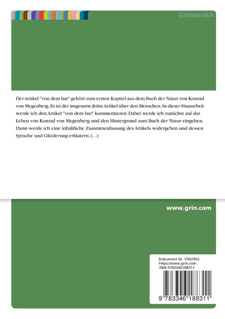 Kommentierung des Artikels "von dem har" aus dem Buch der Natur von Konrad von Megenberg Kommentierung des Artikels "von dem har" aus dem Buch der Natur von Konrad von Megenberg
