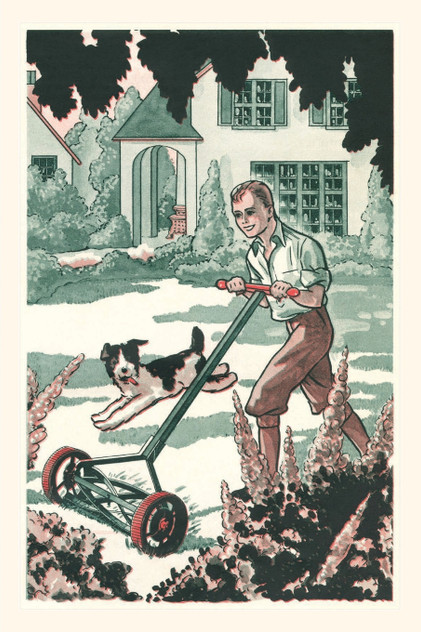 Vintage Journal  Industrious Boy Mowing Lawn