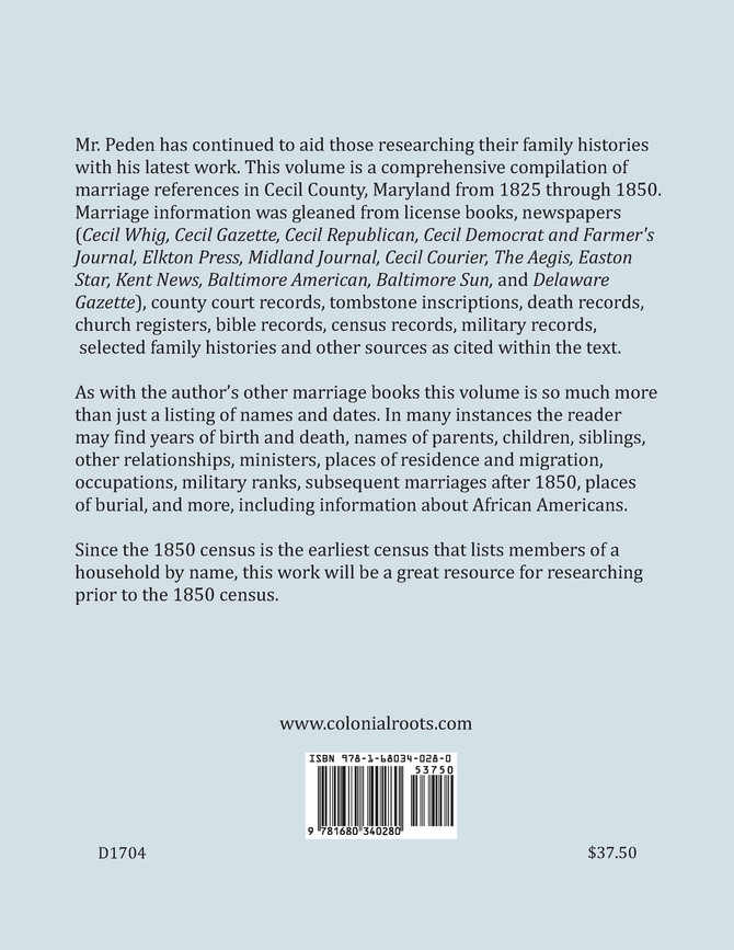 Cecil County, Maryland, Marriage References and Family Relationships, 1825-1850