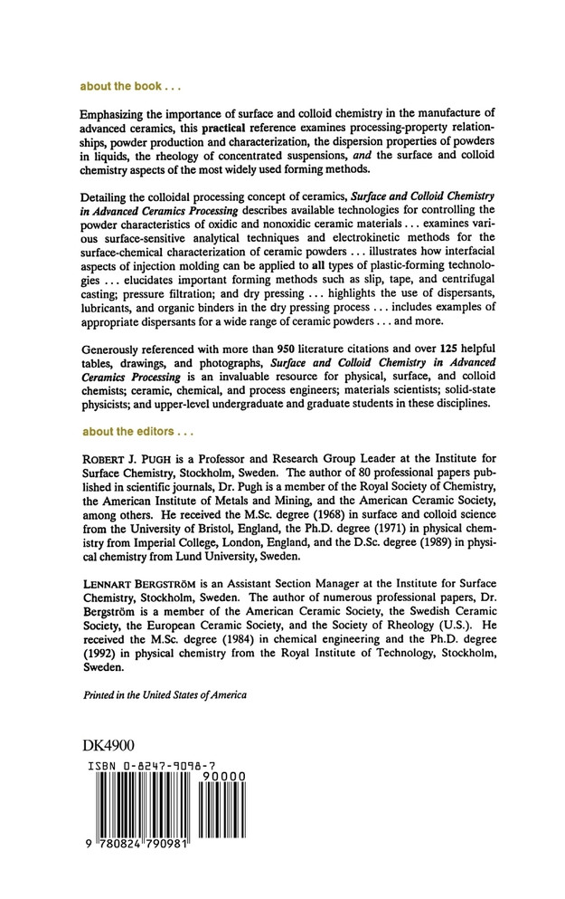 Surface and Colloid Chemistry in Advanced Ceramics Processing