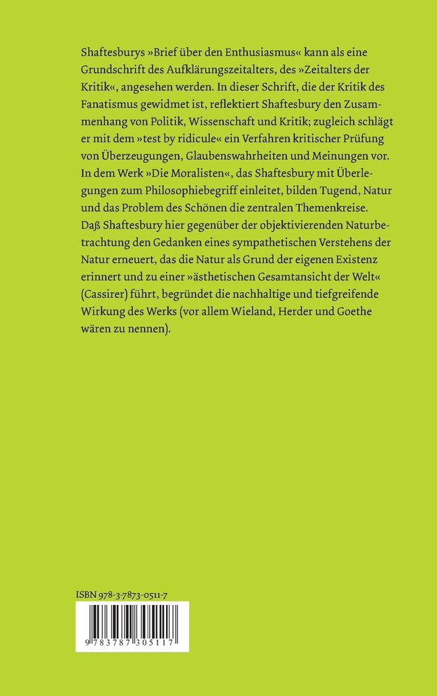 Ein Brief über den Enthusiasmus. Die Moralisten