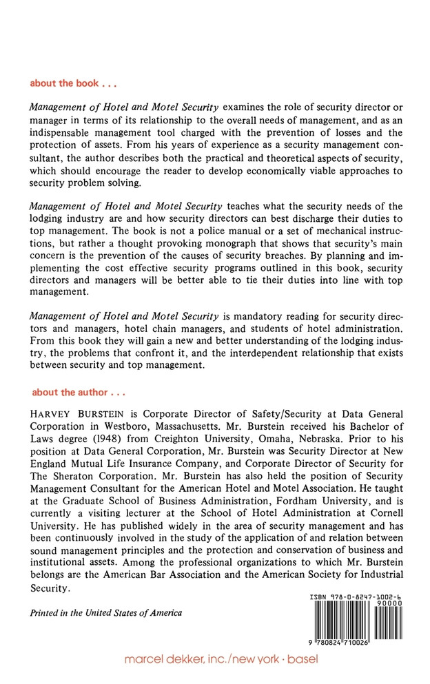 Management of Hotel and Motel Security