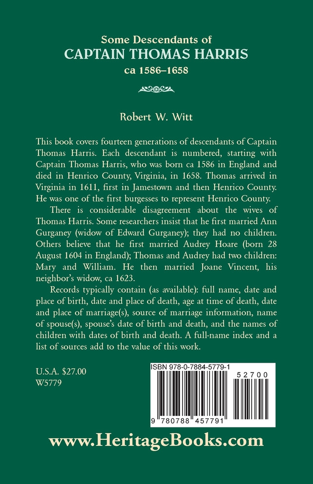 Some Descendants of Captain Thomas Harris, ca 1586-1658
