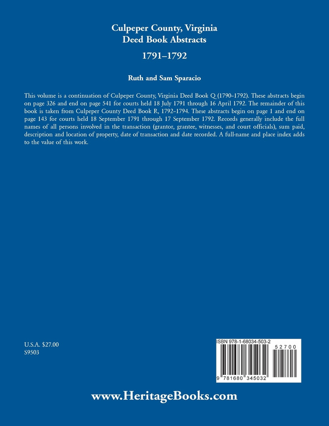Culpeper County, Virginia Deed Book Abstracts 1791-1792