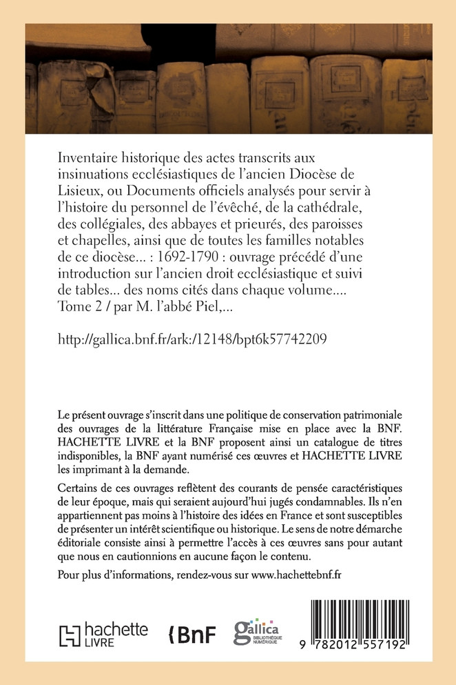 Inventaire historique des actes transcrits de l'ancien Diocèse de Lisieux, T 2 (Éd.1891-1895)
