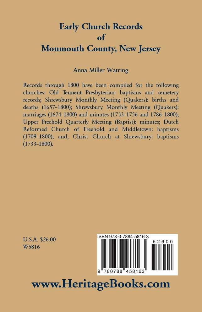 Early Church Records of Monmouth County, New Jersey