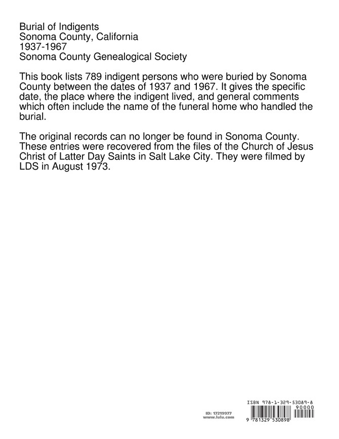 Burial of Indigents Sonoma County, California 1937-1967