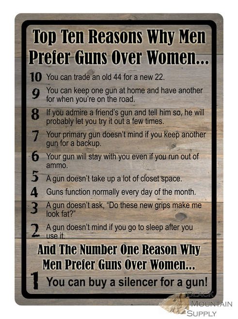 Top Ten Reasons Why Men Prefer Guns Over Women Tin Sign