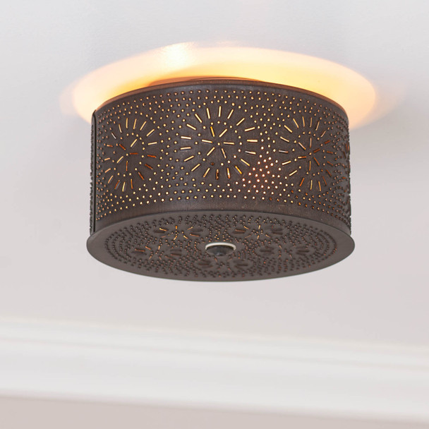 2 Light Flush Mount Round Ceiling Light with Chisel in Kettle Black Tin