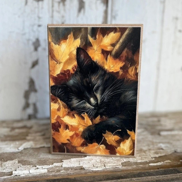 Black Cat in Leaves Block