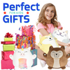 Girl holding Neko the Cat and Hachi the Dog plush toys with gifts, while Tako the Octopus and Moku the Beaver sit on the floor. 'Perfect for Kids' gifts.'