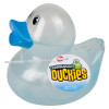 Rubber Duckies 3.75" Translucent Bulk 72 Pieces Six Assorted Colors Showing Blue Ducky Party Favor Carnival Bath Toys Left Side with Hang Tag