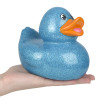 Rubber Duckies 6" Glitter Collectible Bulk 48 Pieces Six Assorted Colors Showing Blue Ducky Right Side Angle in Hand Carnival Prizes Party Décor
