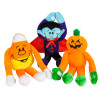 Three 8" Halloween Character Plush toys in assorted styles (candy corn, vampire, pumpkin) with long arms and Velcro hands, from a bulk set of 144. For ages 3+, ideal for party favors.