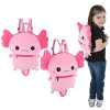 Axolotl plush mini backpack 11.5" x 14" 36 pcs bulk toy gifts front angle and in use main.
