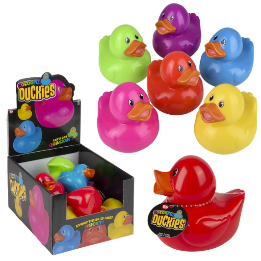 Rubber Duckies 3.5" Colored Bulk 72 Pieces Six Assorted Colors Purple Green Blue Red Yellow Pink with Display Box Carnival Party Prizes