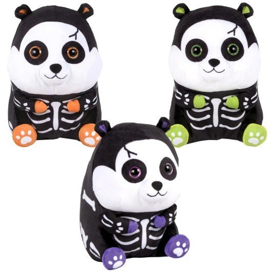 Three 8.5" Belly Buddy Skeleton Plush toys in assorted colors, soft and cozy with hamster skeleton design, from a bulk set of 36. For ages 3+, ideal for party favors.