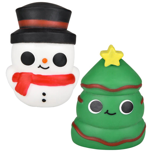 Christmas squish stretch 144-pack (3.5 inch) left-angle view of squish stretch with holiday designs Christmas squish stretch 144-pack (3.5 inch) left-angle view of squish stretch with holiday designs