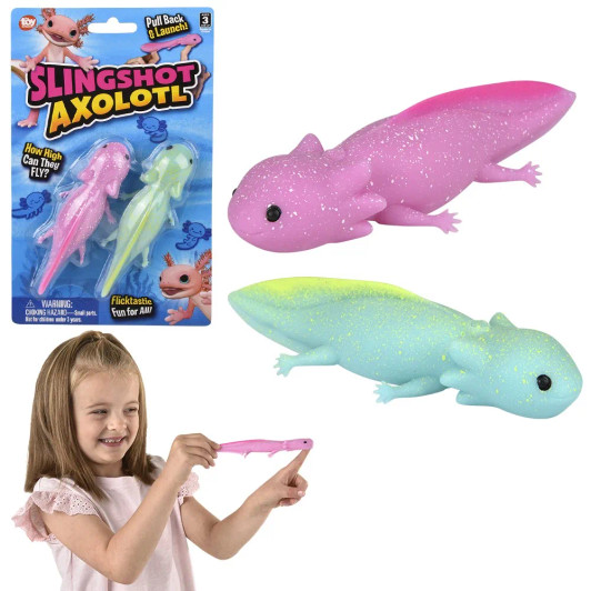Slingshot axolotl 4.33" 144 pcs bulk toy gifts in use and blister card main.