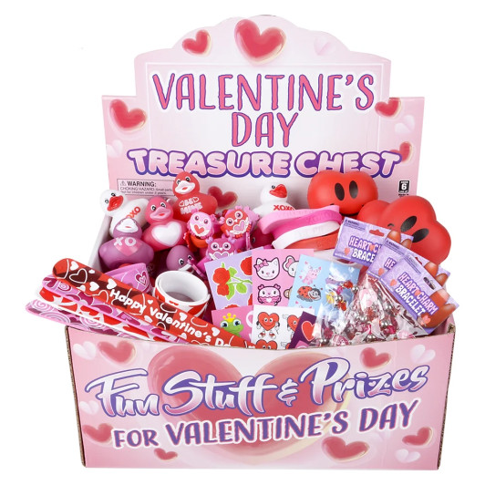 Valentine's treasure chest with prizes bulk 400 pieces variety toys.