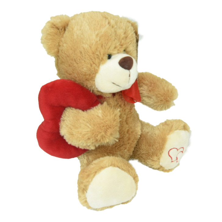 Bear Plush Toy Light Brown Sitting with Heart on Arm 12 Inch Angle