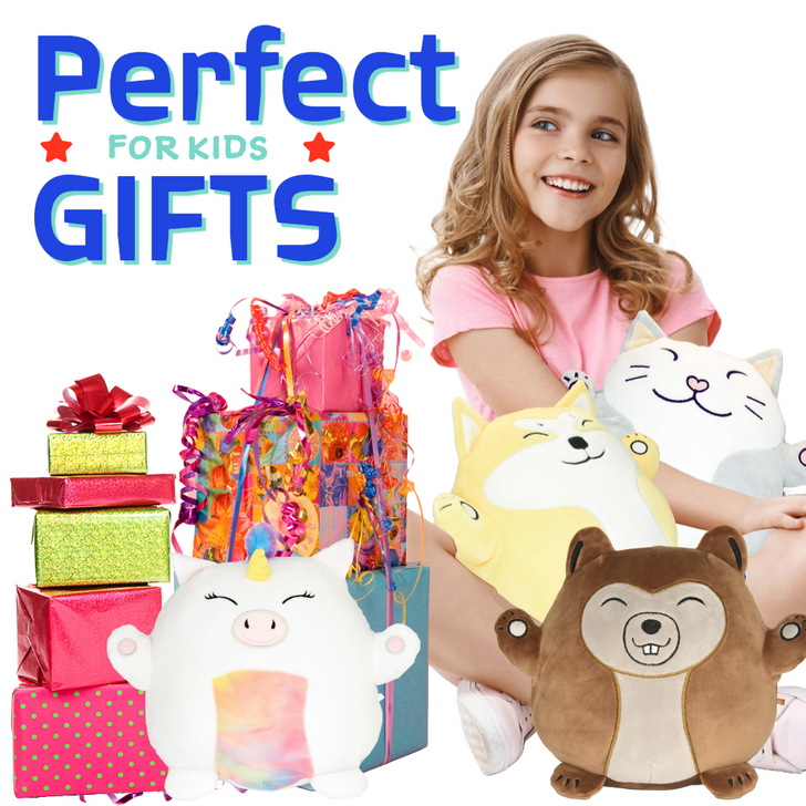 Girl holding Neko the Cat and Hachi the Dog plush toys with gifts, while Tako the Octopus and Moku the Beaver sit on the floor. 'Perfect for Kids' gifts.'