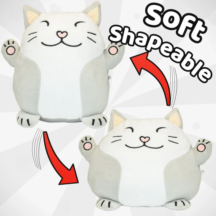 Two Hachibis Neko cat plushies in tall and wide shapes, showing the soft squishy form of the 8-inch bulk 10-pack