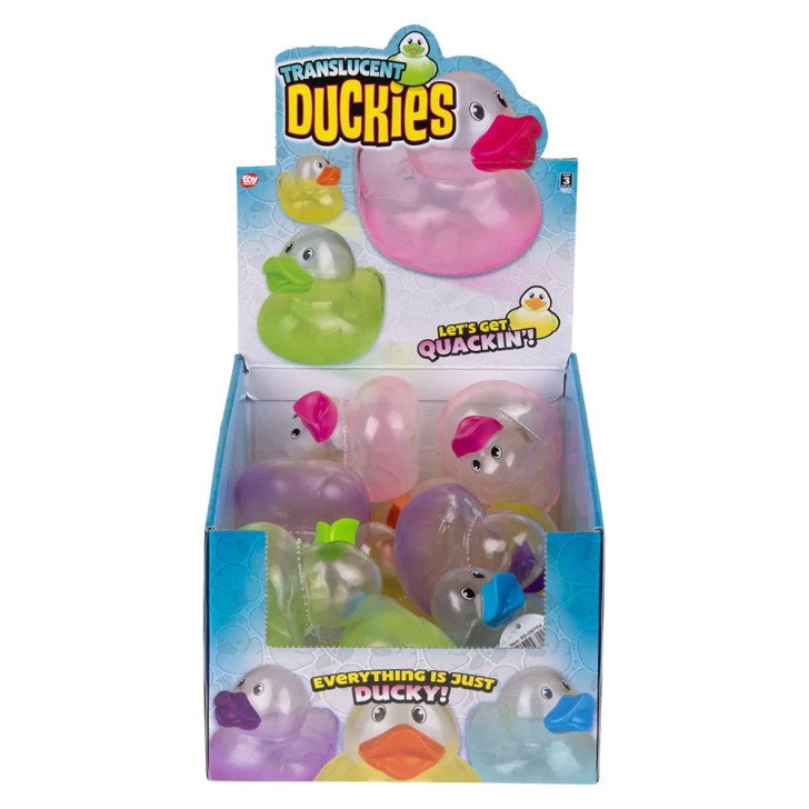 Rubber Duckies 3.75" Translucent Bulk 72 Pieces Six Assorted Colors Yellow Purple Pink Green Orange Blue with Display Box Party Favor Carnival Bath Toys Front