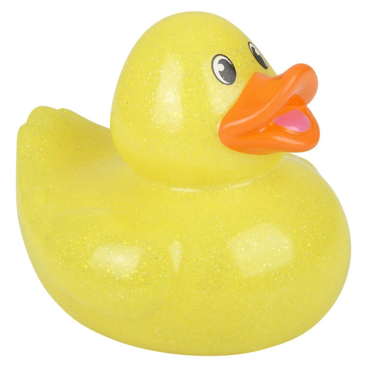 Rubber Duckies 6" Glitter Collectible Bulk 48 Pieces Six Assorted Colors Showing Yellow Ducky Right Side Angle Carnival Prizes Party Décor