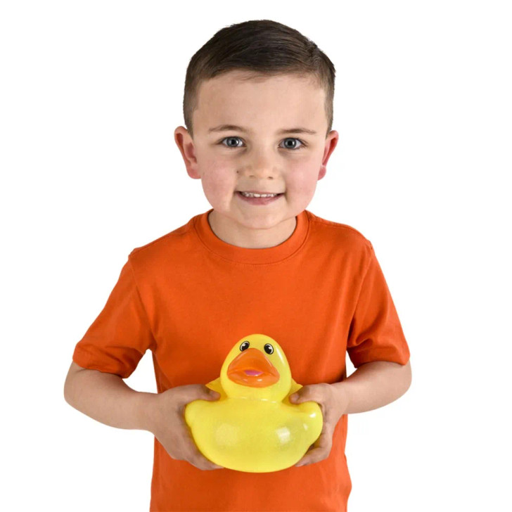 Rubber Duckies 6" Glitter Collectible Bulk 48 Pieces Six Assorted Colors Showing Yellow Ducky Held by Boy Front Carnival Prizes Party Décor