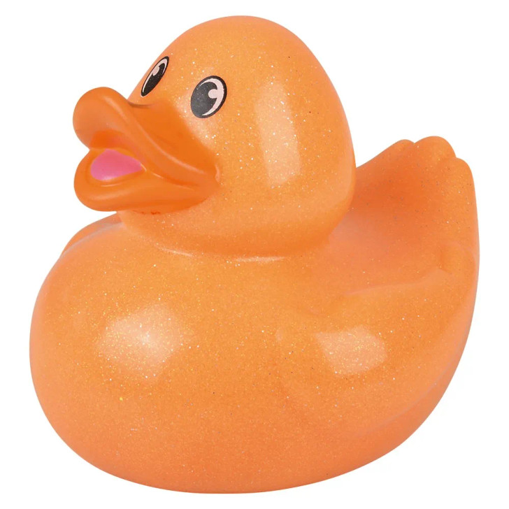 Rubber Duckies 6" Glitter Collectible Bulk 48 Pieces Six Assorted Colors Showing Orange Ducky Left Side Angle Carnival Prizes Party Décor