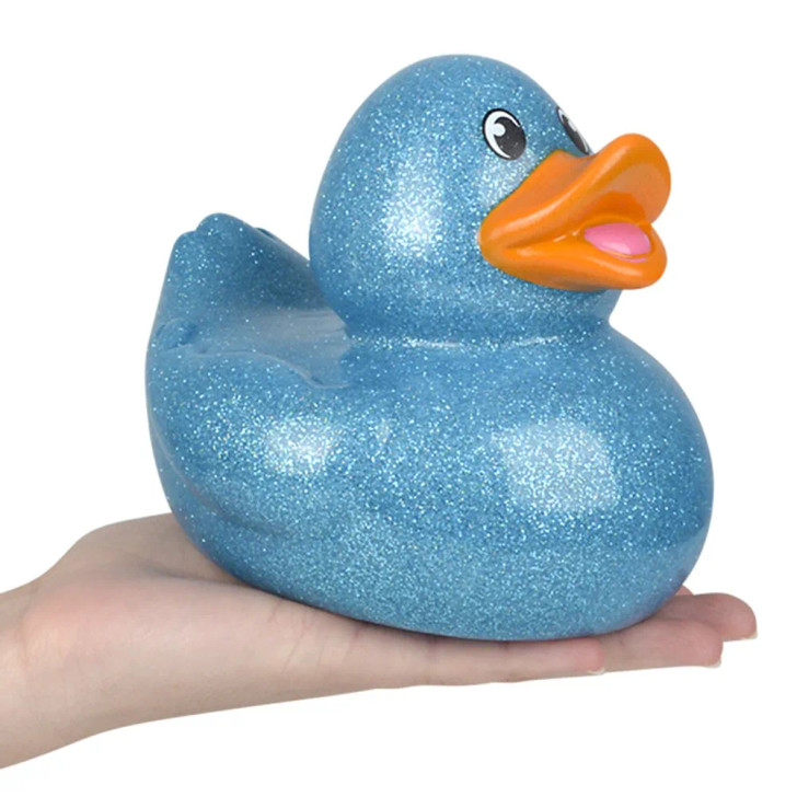 Rubber Duckies 6" Glitter Collectible Bulk 48 Pieces Six Assorted Colors Showing Blue Ducky Right Side Angle in Hand Carnival Prizes Party Décor