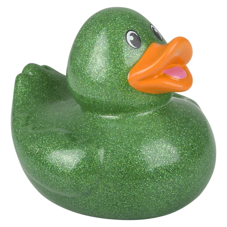 Rubber Duckies 6" Glitter Collectible Bulk 48 Pieces Six Assorted Colors Showing Green Ducky Right Side Angle Carnival Prizes Party Décor