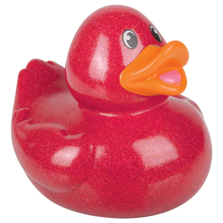 Rubber Duckies 6" Glitter Collectible Bulk 48 Pieces Six Assorted Colors Showing Red Ducky Right Side Angle Carnival Prizes Party Décor