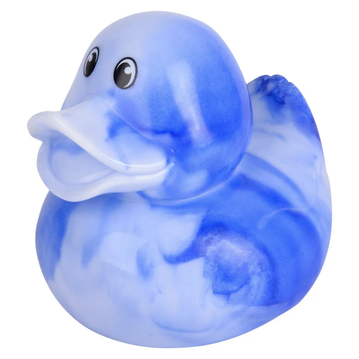 Rubber Duckies 6" Marble Pattern Bulk 48 Pieces Six Colors Showing Blue Ducky Left Side Angle Carnival Prizes Bath Toys