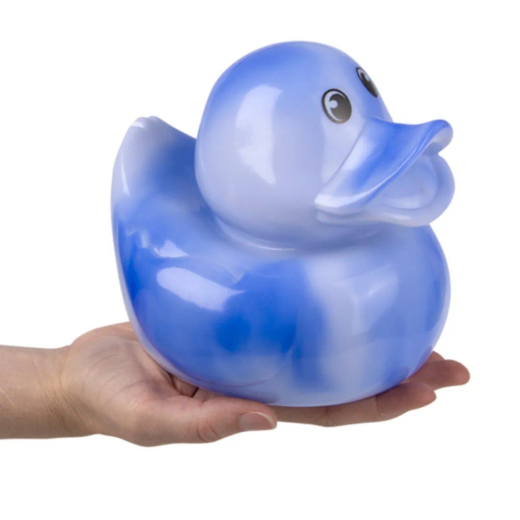 Rubber Duckies 6" Marble Pattern Bulk 48 Pieces Six Colors Showing Blue Ducky in Hand Right Side Angle Carnival Prizes Bath Toys